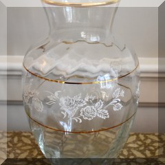 G16. Floral etched glass vase with gold rim - $16